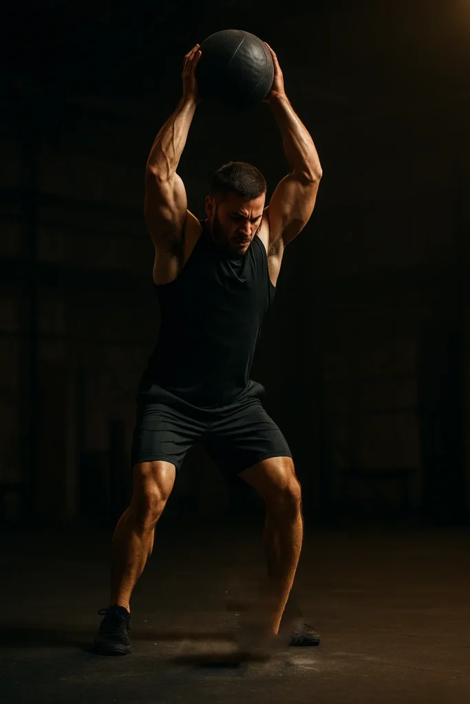 Athlete performing med ball slam, arms fully extended overhead mid-motion, medicine ball just before impact, cinematic gym lighting showing explosive power and focus
