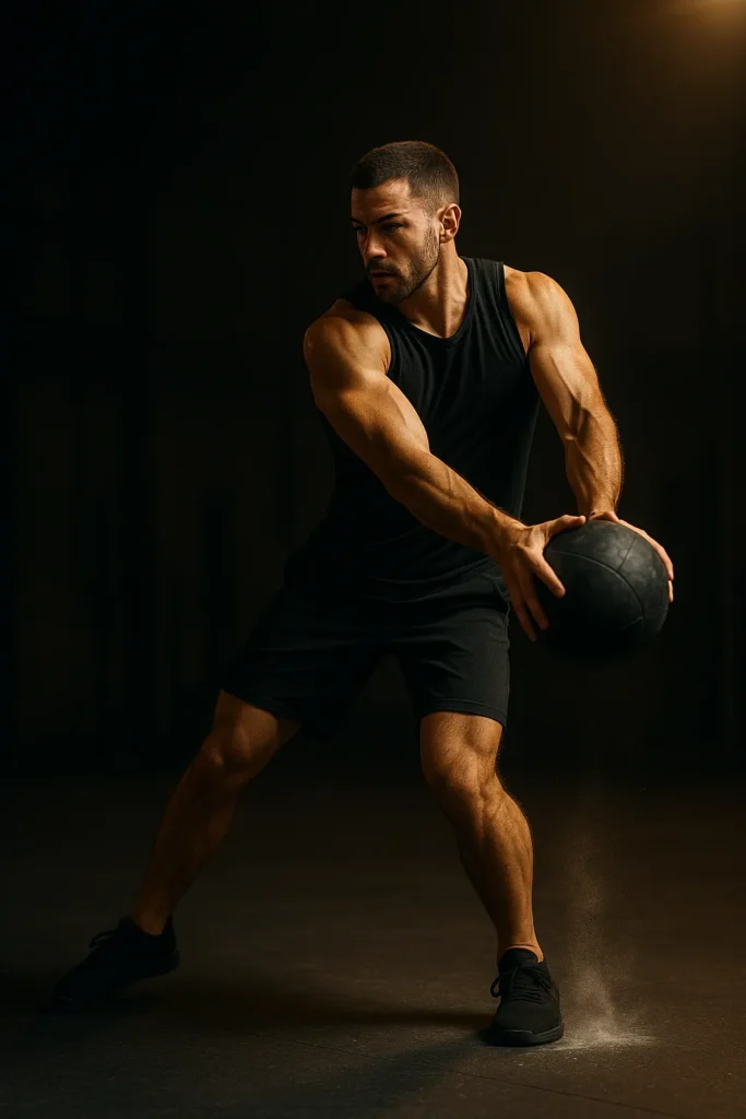 Athlete performing rotational med ball slam, ball mid-swing across body toward ground, core and hip rotation visible, cinematic gym lighting showing power and focus