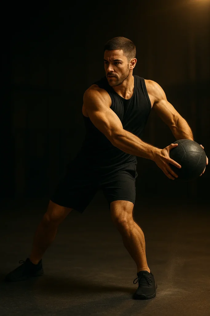 Athlete performing lateral med ball slam, ball mid-swing across body to one side, strong hip rotation and core engagement, cinematic gym lighting showing explosive motion and control