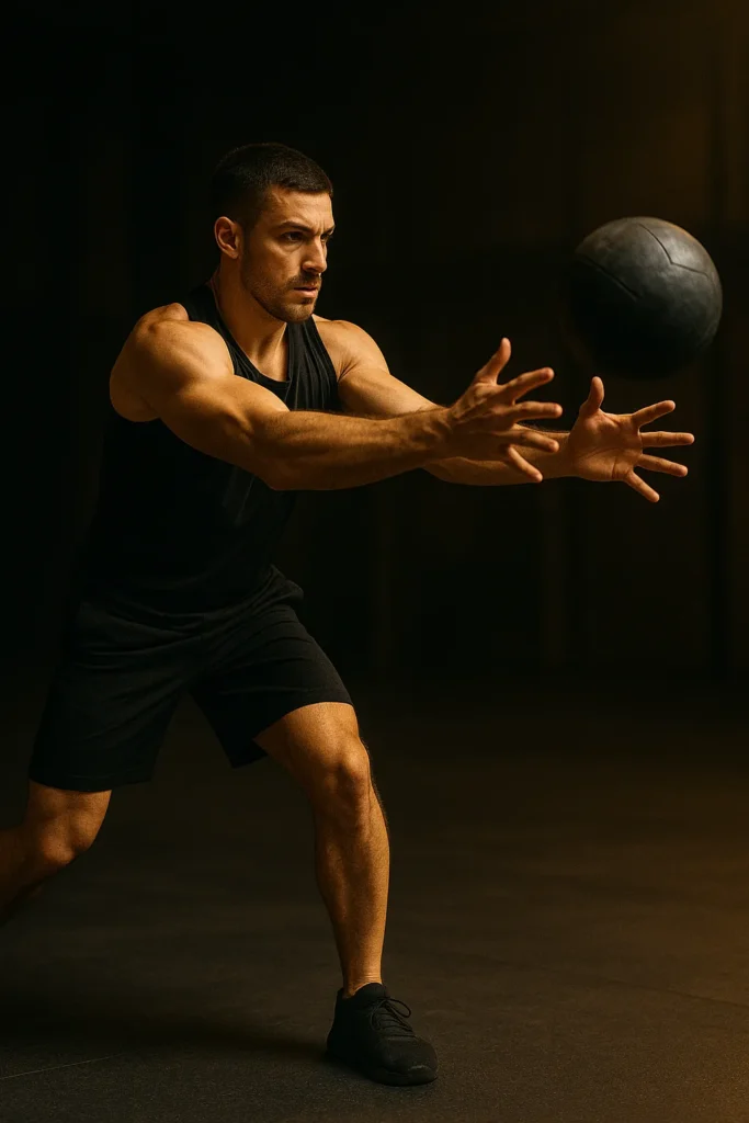 Athlete performing med ball chest pass, ball mid-flight from chest height towards a wall, arms extended forward, cinematic gym lighting showing power and focus