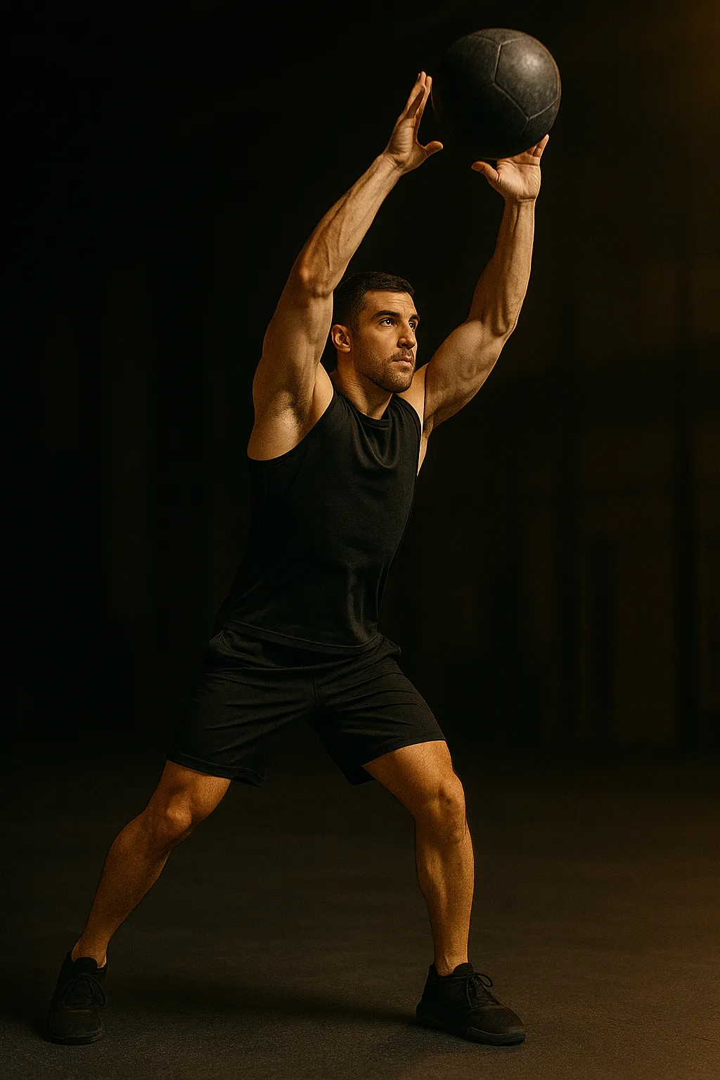 Athlete performing med ball overhead throw, ball just leaving hands above head, body fully extended in powerful stance, cinematic gym lighting showing explosive strength and focus.