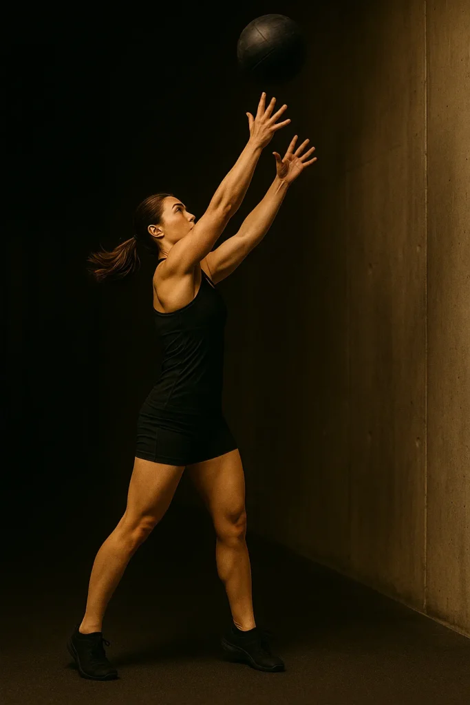 Athlete performing med ball scoop toss, ball just leaving hands at full hip extension, strong vertical drive, cinematic gym lighting showing explosive power and focus