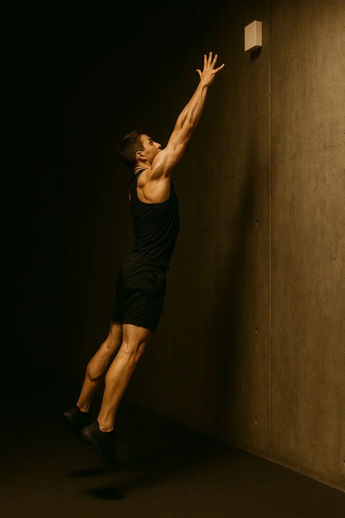 Athlete performing burpee to target jump, body fully extended mid-air reaching toward overhead marker, cinematic gym lighting showing power and focus