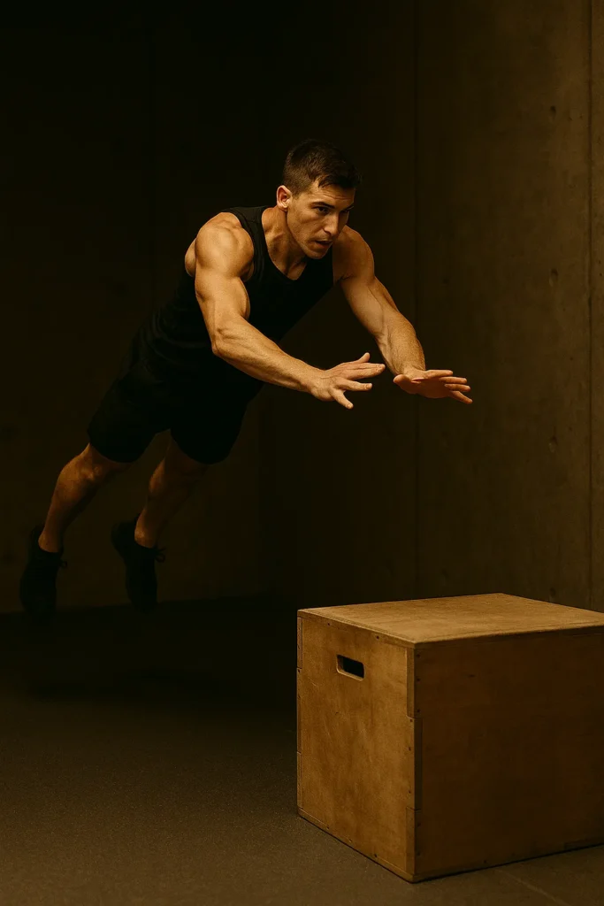 Athlete performing plyo push-up to box, hands mid-air transitioning to elevated platform, explosive upper-body power visible, cinematic gym lighting showing focus and control