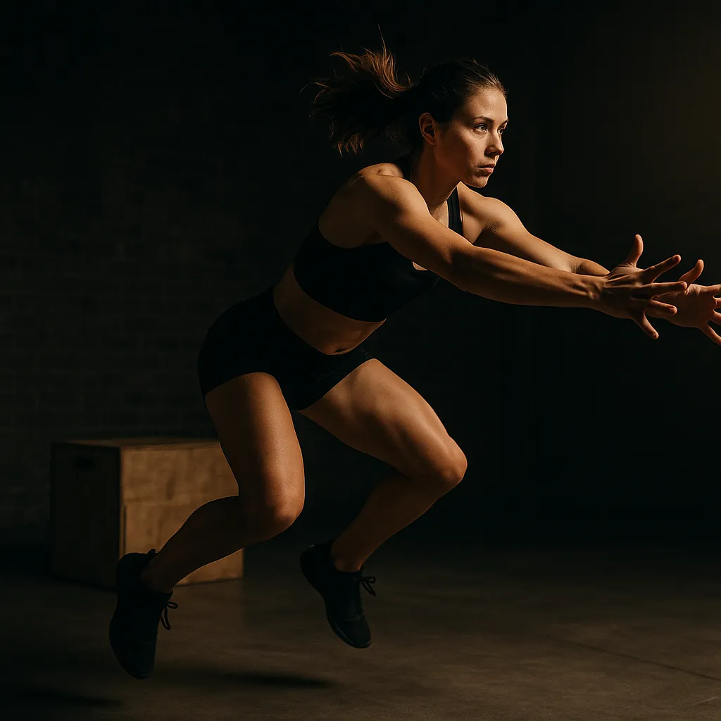 Athlete performing depth drop to broad jump, body extended mid-air moving forward, plyo box behind, cinematic gym lighting showing control and power