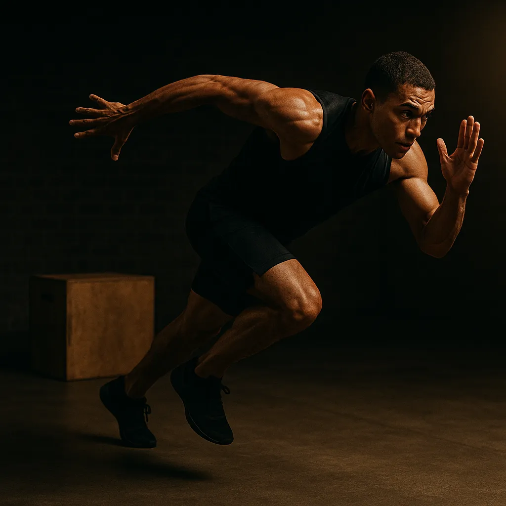 Athlete performing depth drop to sprint start, mid-drive phase accelerating forward from landing, cinematic gym or track lighting showing power and focus