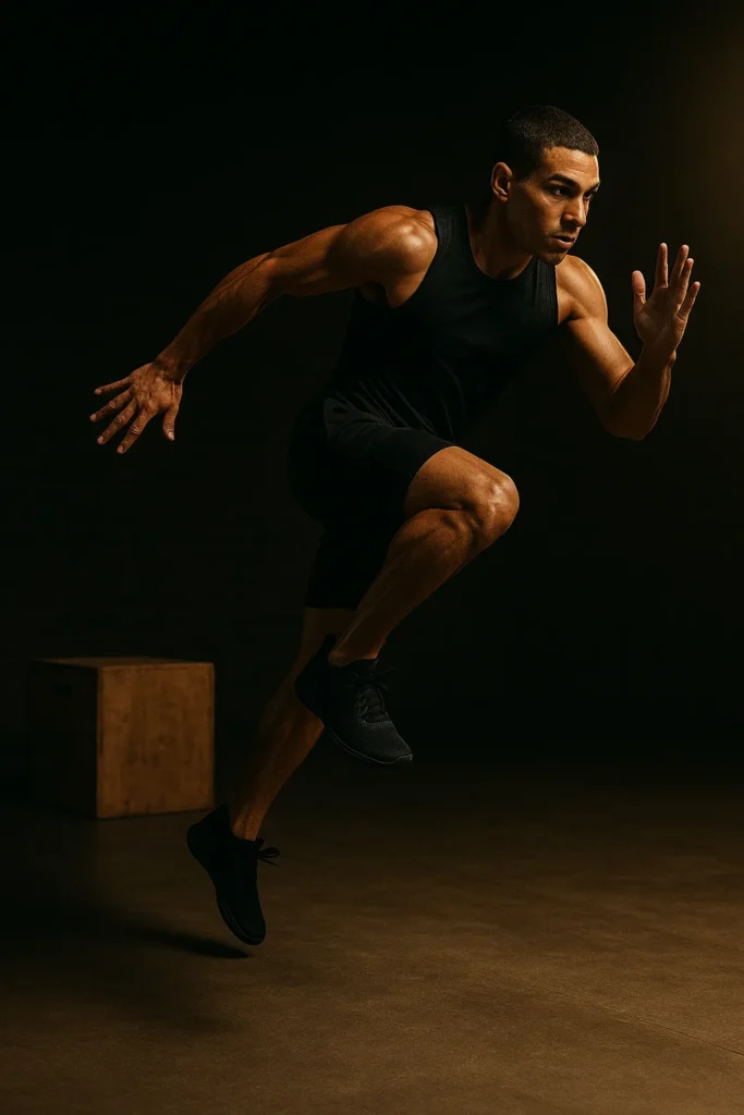 Athlete performing single-leg depth drop to jump, landing on one foot before exploding upward, cinematic gym lighting showing balance, power, and focus
