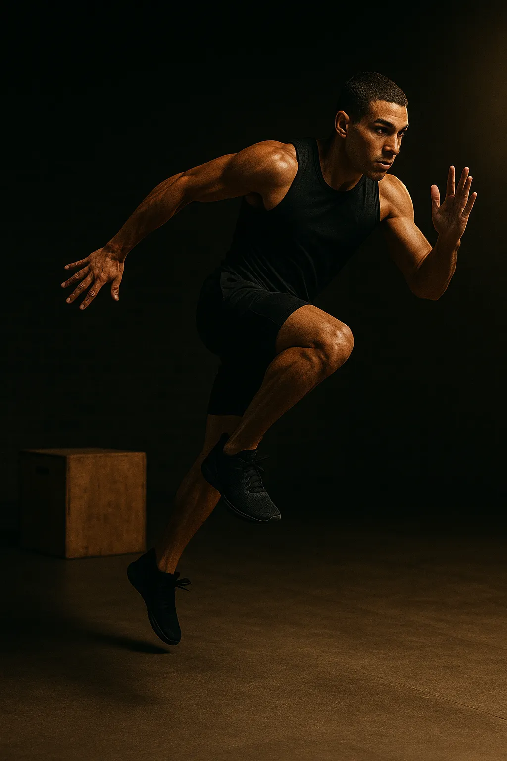 Athlete performing single-leg depth drop to jump, landing on one foot before exploding upward, cinematic gym lighting showing balance, power, and focus