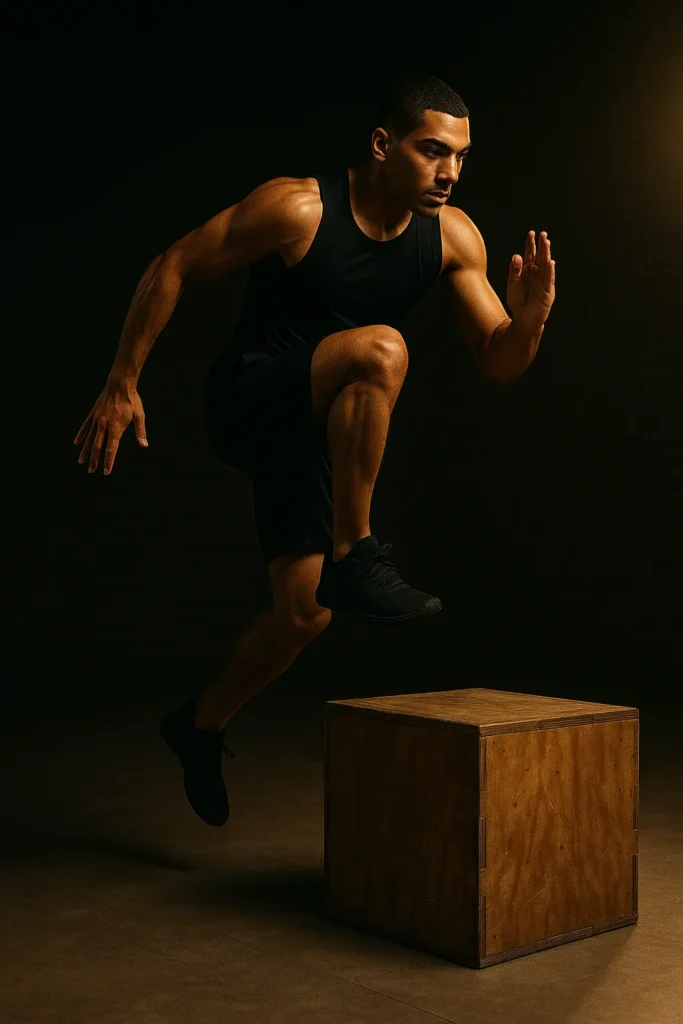 Athlete performing single-leg box jump, mid-air with one knee driving up, landing softly on same leg atop plyo box, cinematic gym lighting showing power, balance, and control