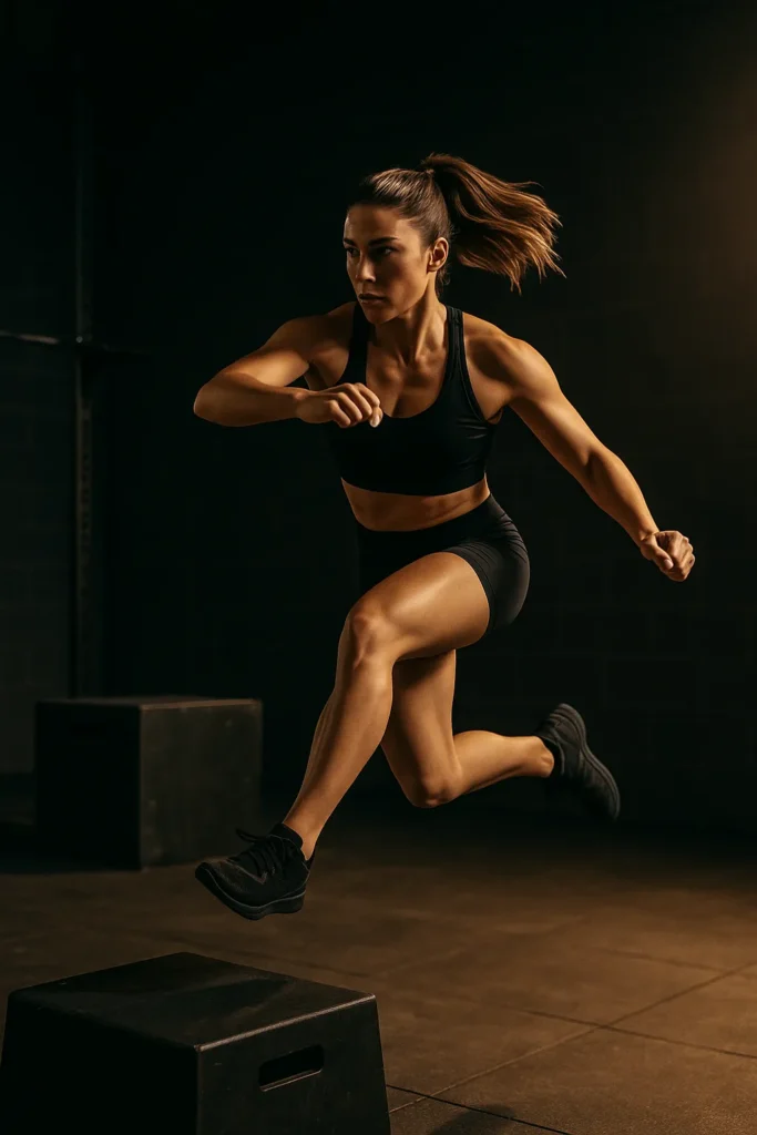 Female Athlete performing single-leg lateral box jump, mid-air crossing sideways onto a box, one leg driving, cinematic gym lighting showing balance and explosive power