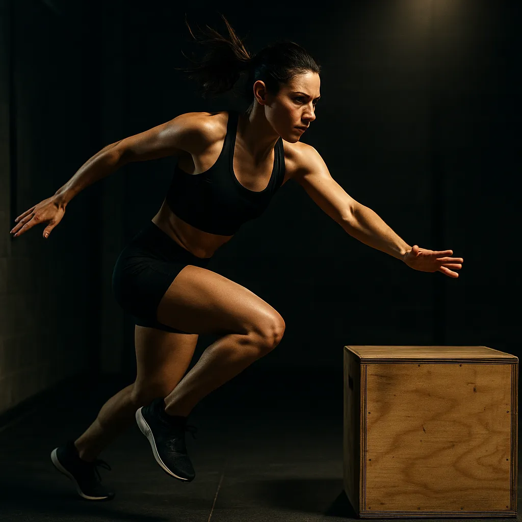 Female Athlete performing single-leg lateral depth drop to jump, stepping sideways off box, landing on one leg, immediately rebounding laterally, cinematic gym lighting emphasizing control and power
