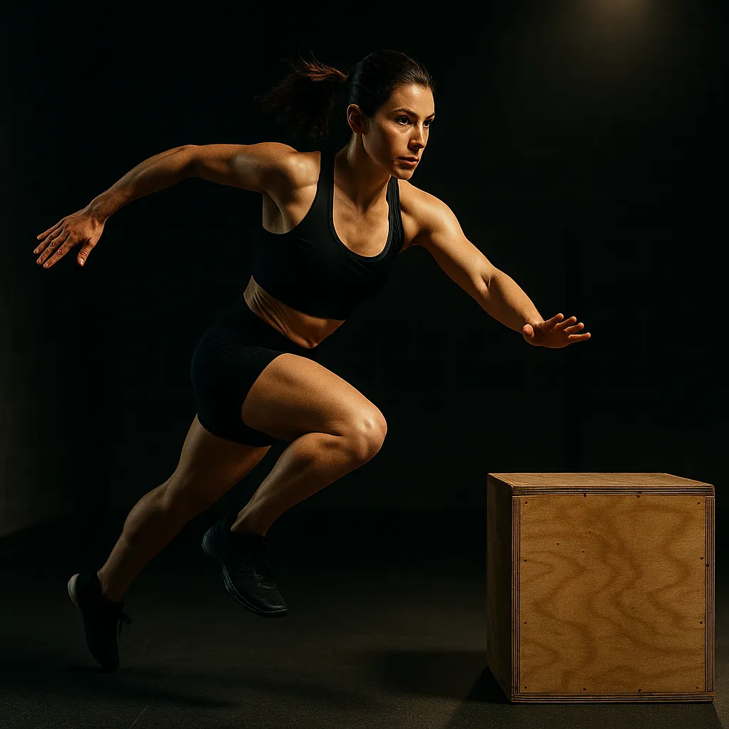 Female Athlete performing single-leg lateral bound to box, mid-air moving sideways, arms driving powerfully, landing softly on same leg atop box