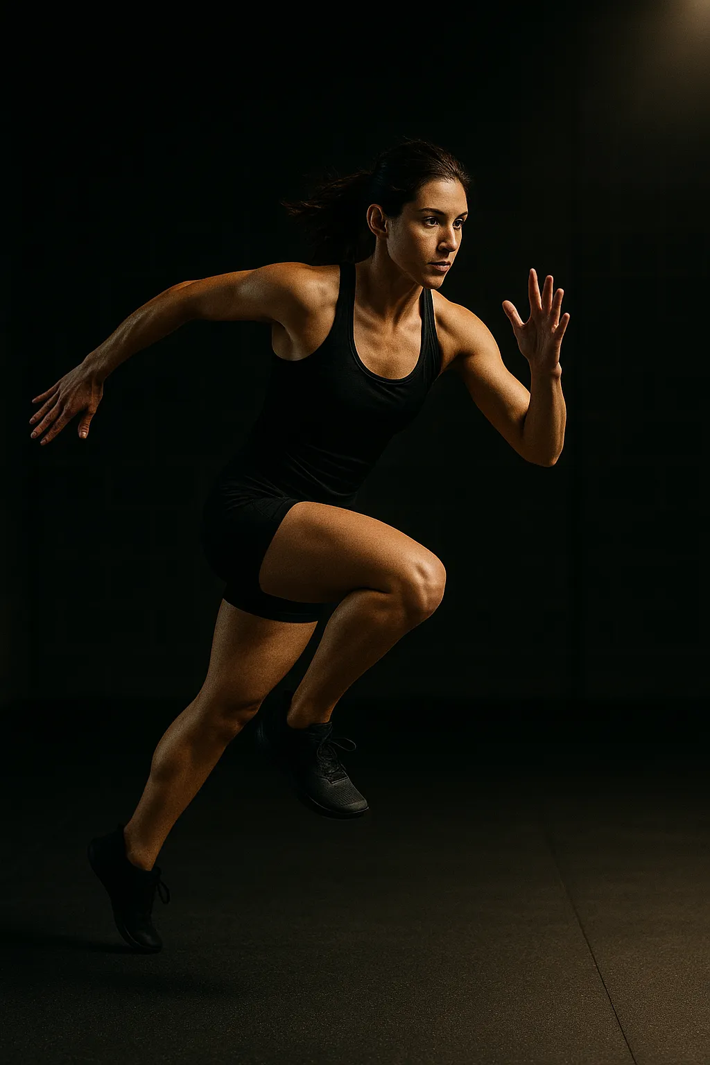 Female athlete performing continuous single-leg lateral bounds, mid-motion transitioning between sides, cinematic gym lighting showing rhythm, balance, and explosive control.