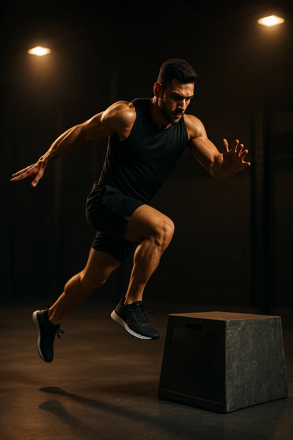 Athlete performing single-leg continuous lateral bounds to box, mid-motion transitioning side-to-side over platform, cinematic gym lighting showing rhythm, power, and precision