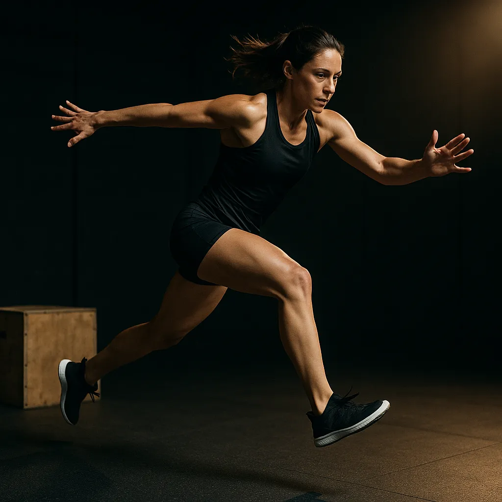 Female Athlete performing single-leg box hop to lateral bound, mid-air transitioning sideways off box, landing on opposite leg, cinematic gym lighting highlighting balance, control, and power