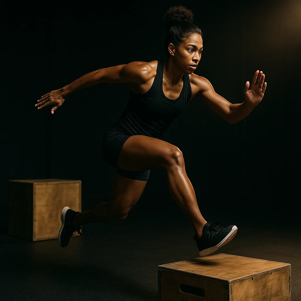 Athlete performing single-leg box hop to lateral bound and return, mid-rebound between box and floor, cinematic gym lighting showing rhythm, balance, and explosive coordination