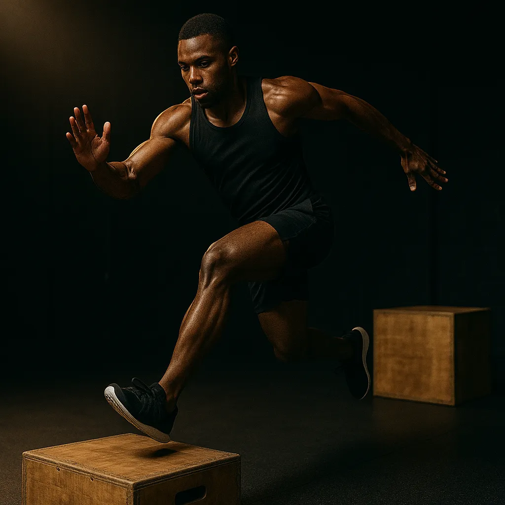 Athlete performing single-leg alternating lateral box bounds, mid-air transitioning between box and floor, cinematic gym lighting highlighting rhythm, balance, and reactive power