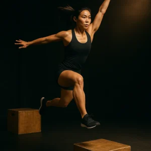 athlete performing single-leg lateral box bound to vertical jump, mid-air transitioning from sideways bound to upward leap, cinematic gym lighting