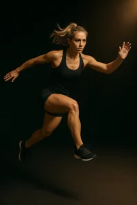 Athlete performing single-leg sidewards : lateral bound, mid-air in rebound phase, cinematic gym lighting