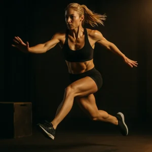 Athlete performing single-leg depth drop to lateral bound, mid-air transitioning from vertical drop to side bound, cinematic gym lighting emphasizing balance, control, and explosive power