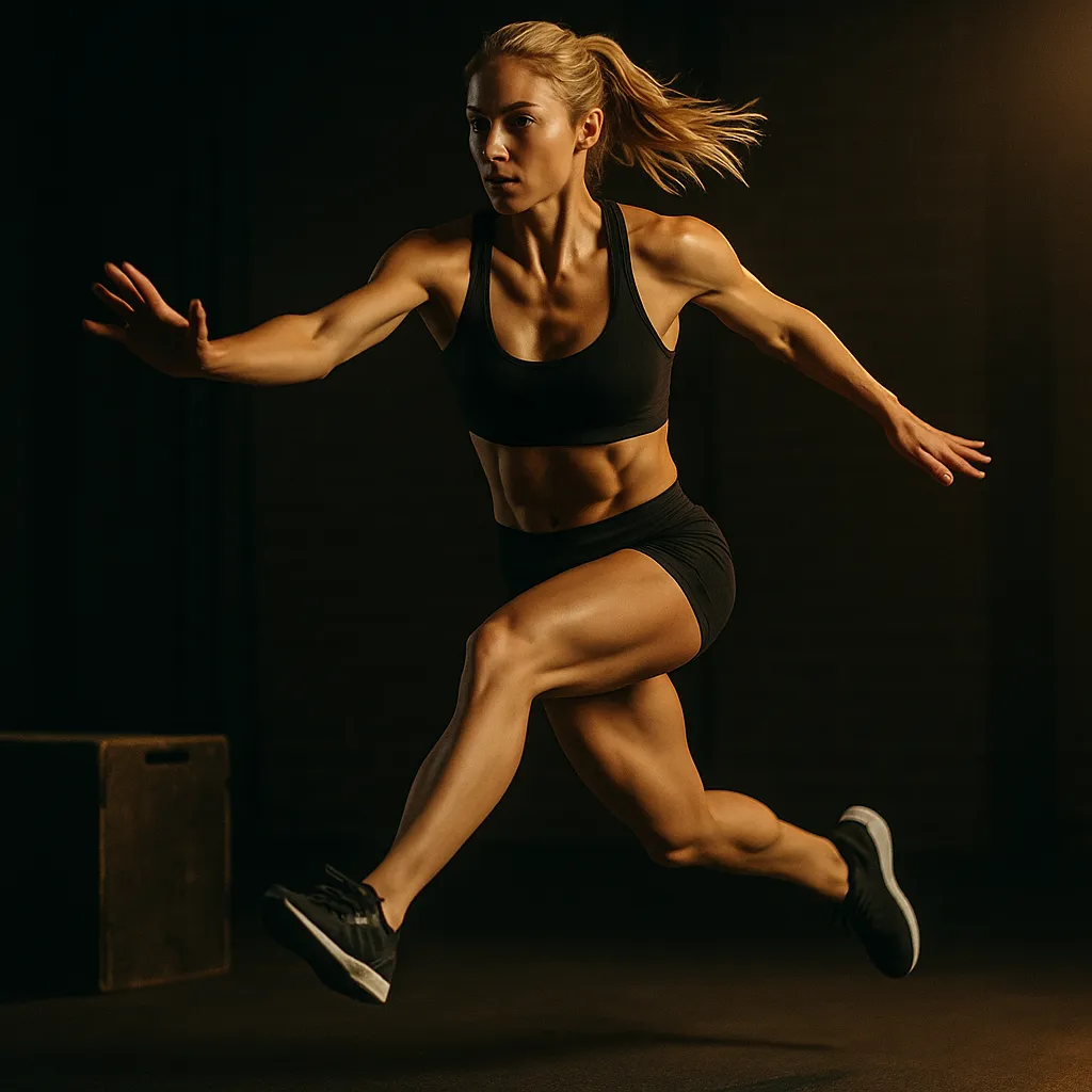 Athlete performing single-leg depth drop to lateral bound, mid-air transitioning from vertical drop to side bound, cinematic gym lighting emphasizing balance, control, and explosive power