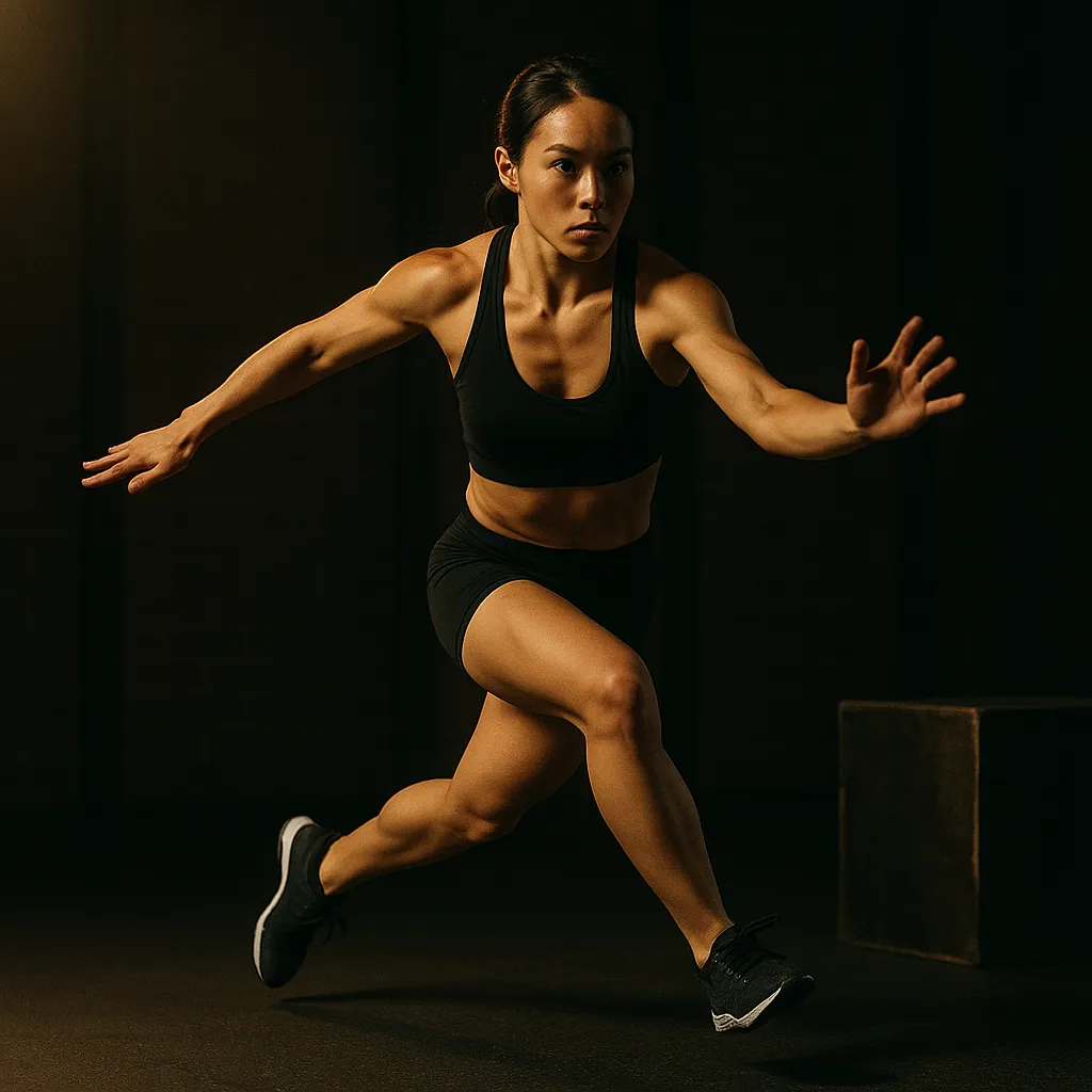Attractive athletic muscular, petite female athlete performing single-leg depth drop to lateral bound and return, mid-rebound between directions, cinematic gym lighting