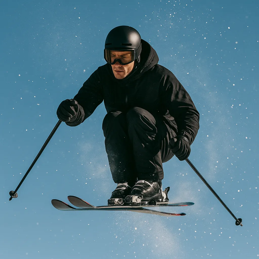 A focused male freestyle skier mid-air performing aerials under bright winter light. Motion frozen at the peak of the jump, snow particles glinting around him