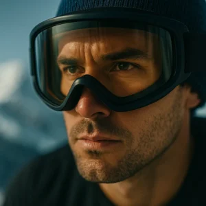 Close-up of athlete’s face wearing ski goggles, intense focus reflected in the lens