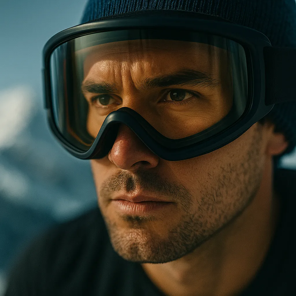Close-up of athlete’s face wearing ski goggles, intense focus reflected in the lens
