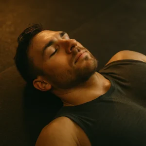 Athlete lying on gym mat post-workout, eyes closed, calm breathing Warm gym lighting conveys stillness and physical recovery