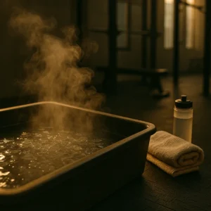 Steam rising from a recovery ice bath in a modern training facility. A towel and water bottle sit nearby a visual cue for discipline in rest