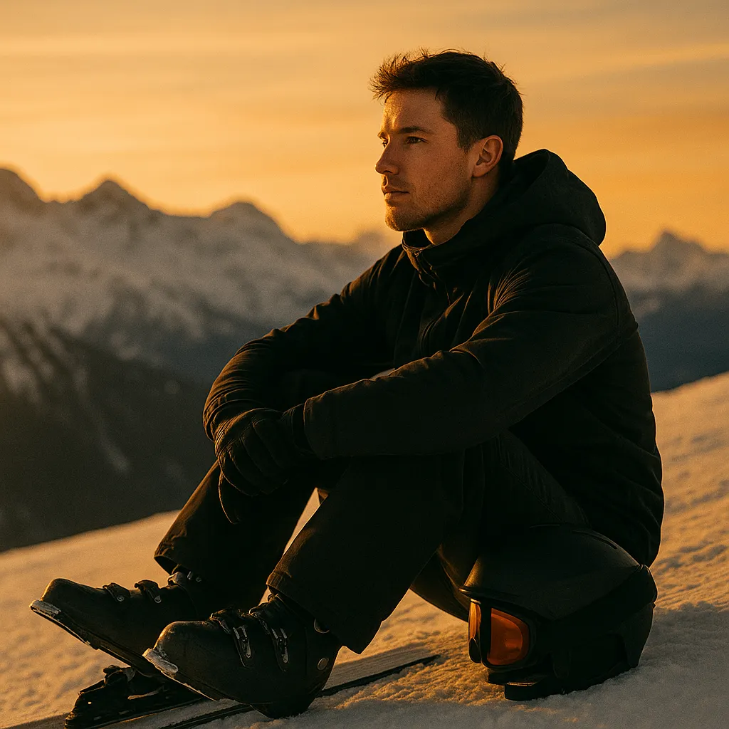 A freestyle skier sitting at the base of a snowy mountain at sunset, helmet off, breathing deeply after training