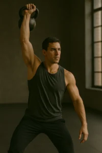 Athlete performing kettlebell alternating snatch, kettlebell at full arm extension over head, cinematic gym lighting
