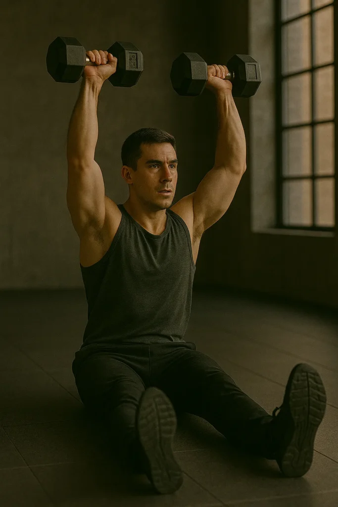 Athlete performing dumbbell Z press, seated on floor legs extended, dumbbells mid-press overhead, cinematic gym lighting