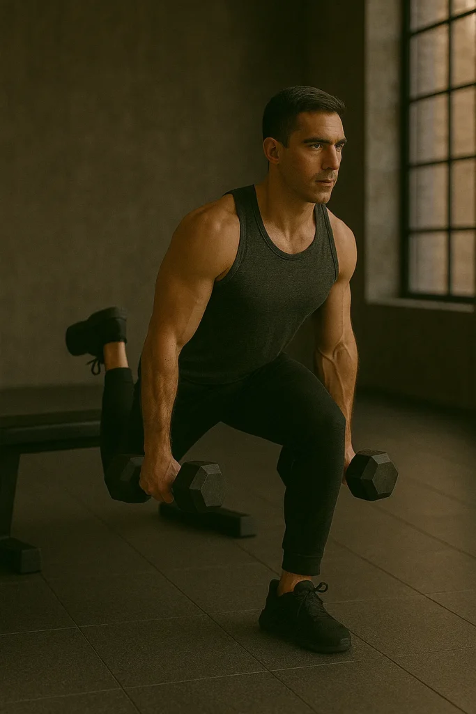 Athlete performing dumbbell Bulgarian split deadlift, rear foot on bench, front leg hinging with flat back, cinematic gym lighting