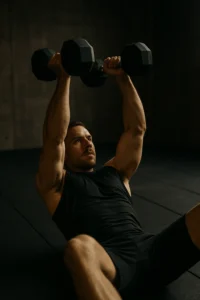 Athlete performing dumbbell floor press, lying flat with elbows near floor, dumbbells mid-press overhead, cinematic gym lighting