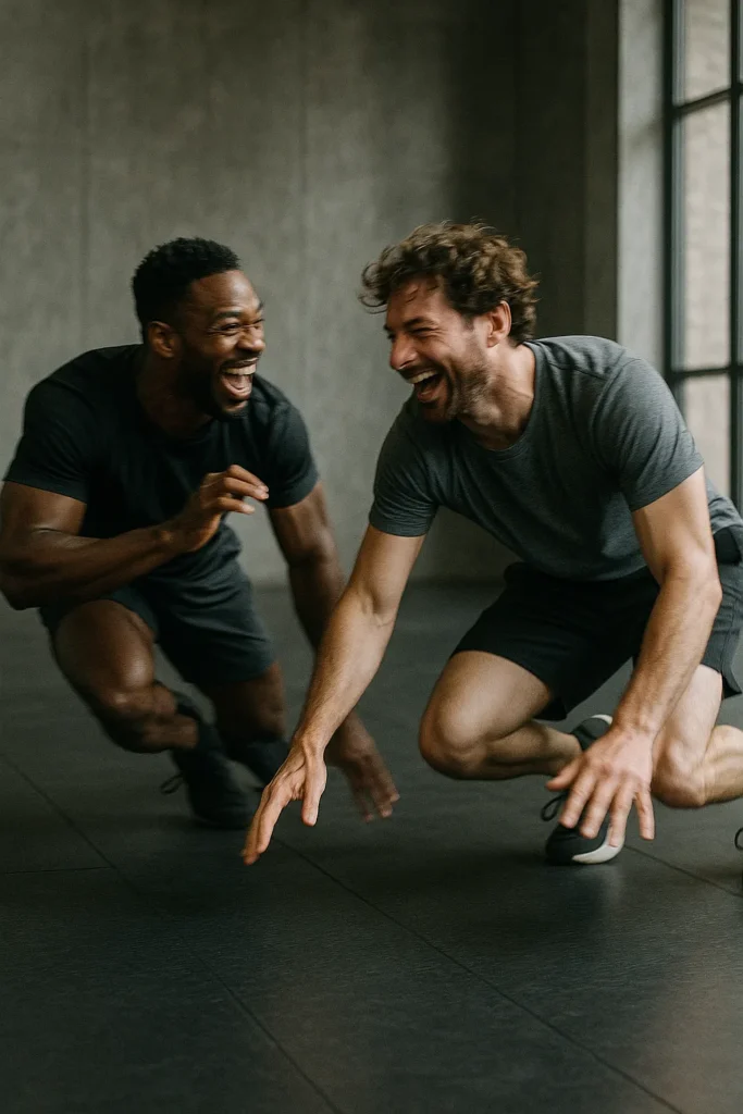 Two athletes improvising playful movement flow on gym floor, laughing, dynamic motion blur, cinematic gym lighting