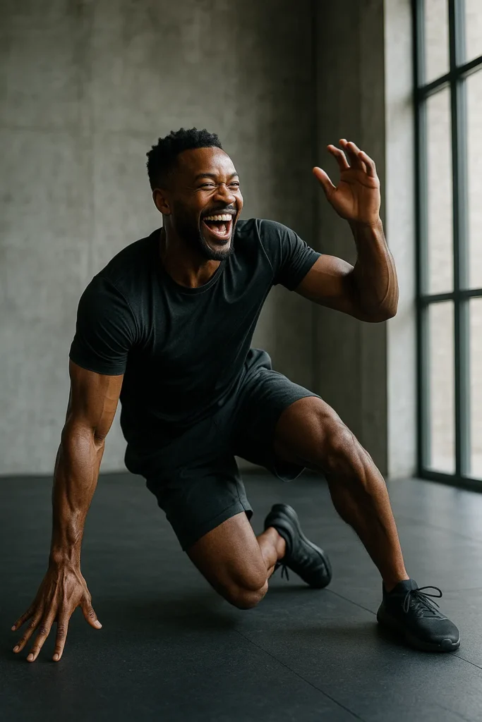 Adult athlete in motion, mid-laugh during dynamic movement flow session in minimalist gym, natural light, cinematic realism. Capture playfulness, strength, and flow through movement