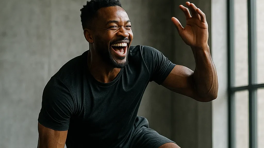 Adult athlete in motion, mid-laugh during dynamic movement flow session in minimalist gym, natural light, cinematic realism. Capture playfulness, strength, and flow through movement
