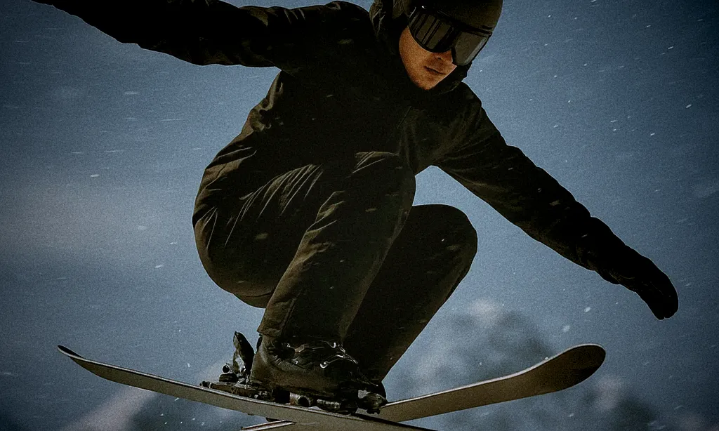 A freestyle skier mid-spin through the air, arms and body aligned in perfect control amid a blur of motion