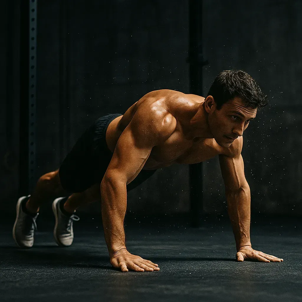 Athlete mid-burpee in a functional gym, movement frozen at perfect alignment, sweat suspended