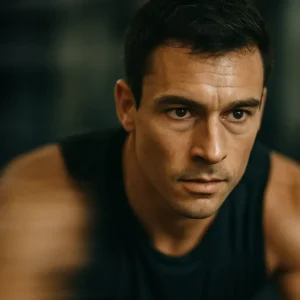 Close-up of an athlete’s face during a workout eyes calm, expression focused, everything else blurred by motion