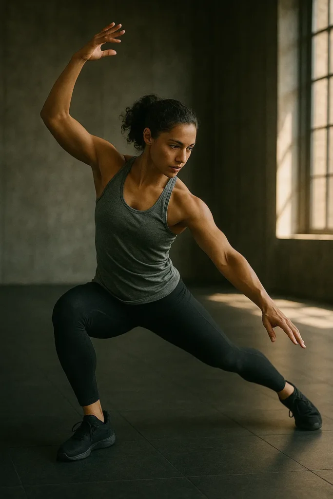 Athlete mid-flow in industrial gym, strength and fluidity captured in motion, light symbolising focus and adaptability
