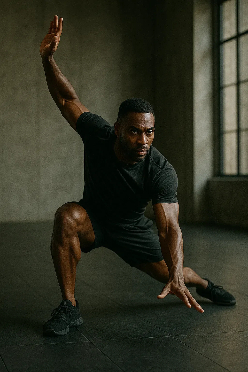 Strong athlete in dynamic mid-movement pose inside industrial gym, cinematic lighting