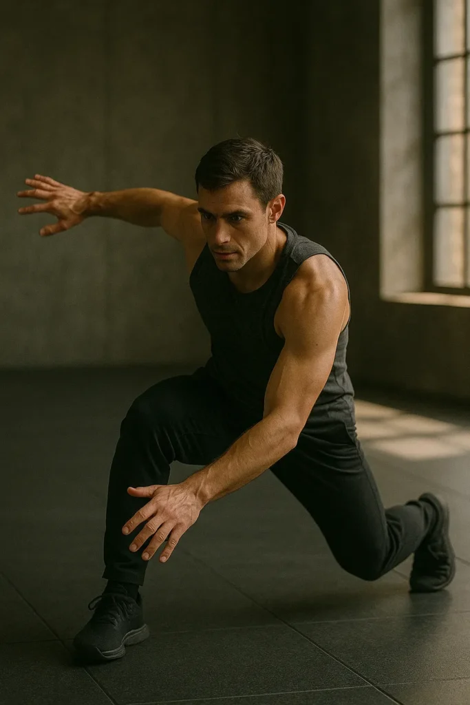 Athlete mid-adjustment during workout, shifting balance with focus and control, cinematic gym light