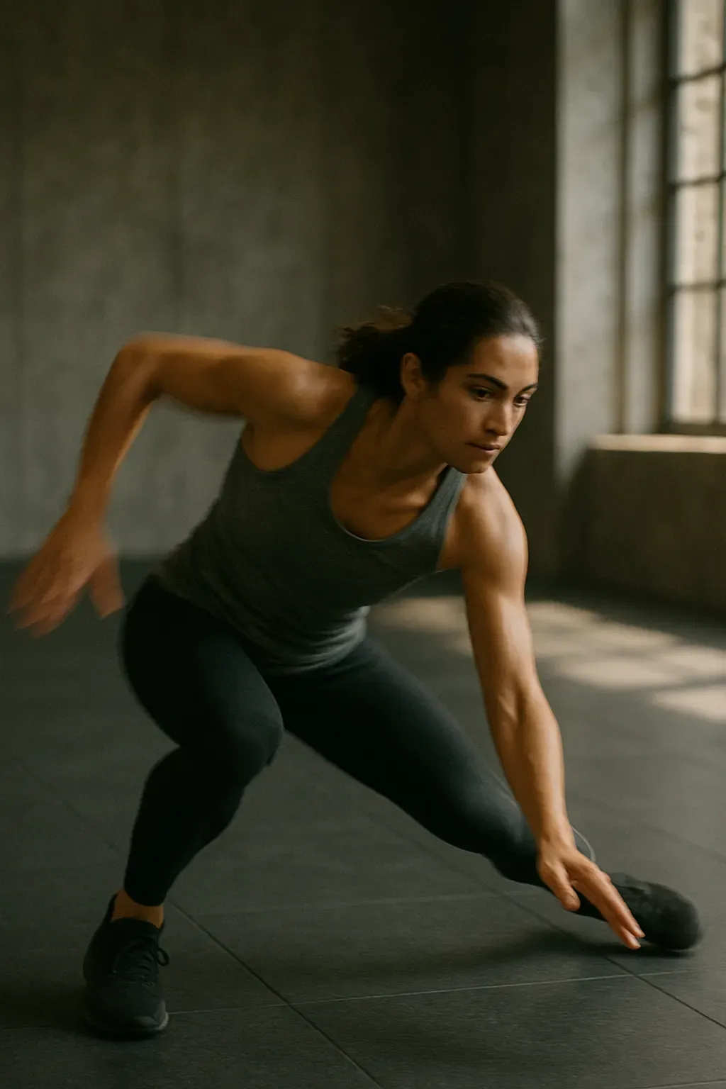 Focused athlete transitioning between movements in a minimalist gym, motion blur showing adjustment and control