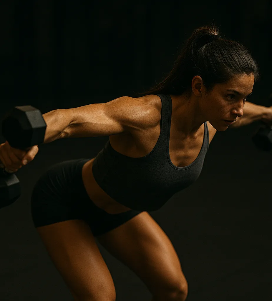 Athlete performing dumbbell bent-over reverse fly, arms extended in wide arc at shoulder height, cinematic gym lighting