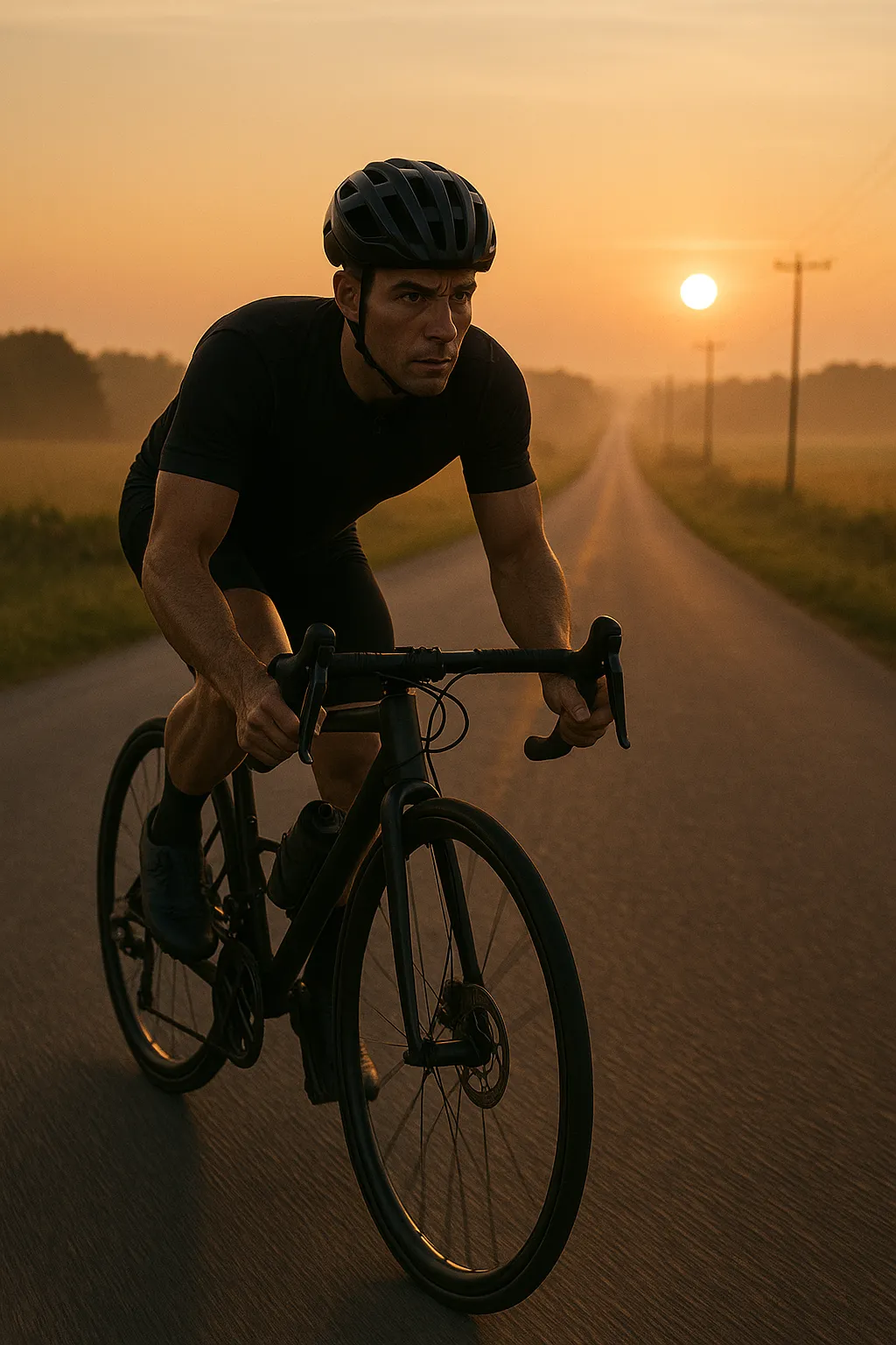 Athlete cycling alone on a country road at sunrise, bike in motion, focused expression, long stretch of tarmac ahead, cinematic lighting with soft horizon haze