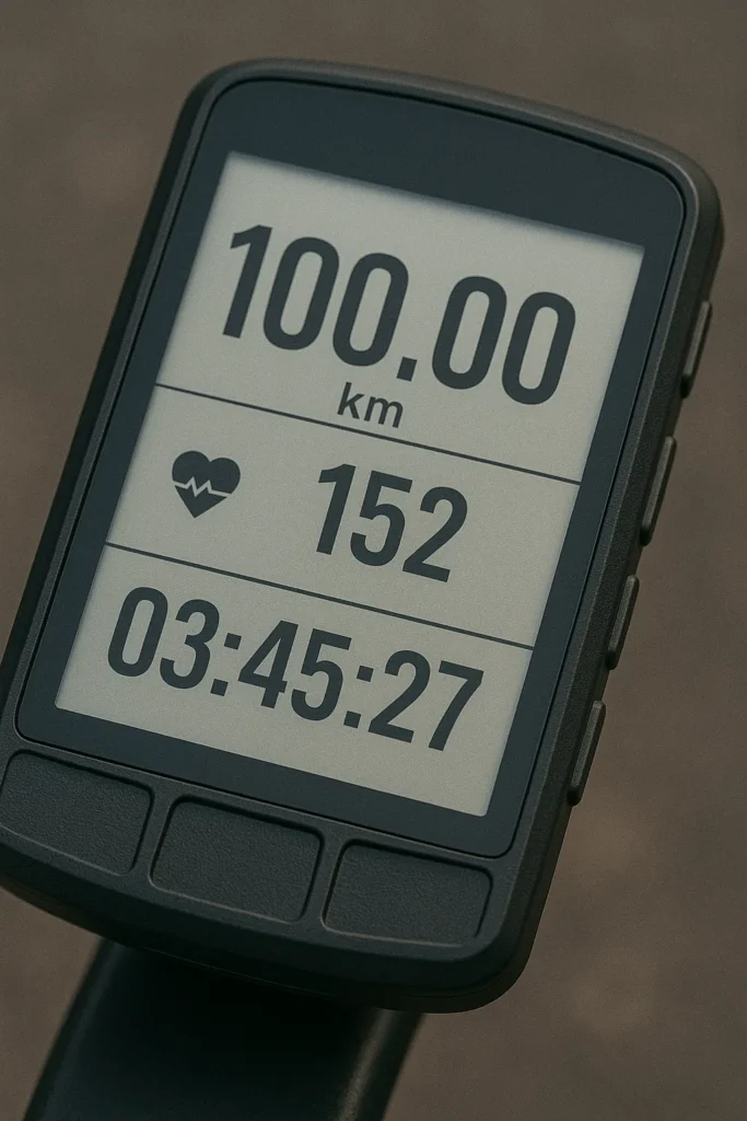Bike computer display showing 100.00 km distance with heart rate and time metrics