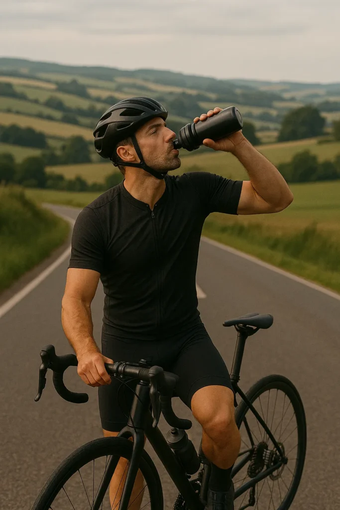 Cyclist mid-ride taking a water break by the roadside with rolling hills behind